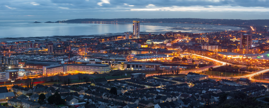 An evening view of Swansea centre and the Bay area taken from Kilvey Hill January 2016
