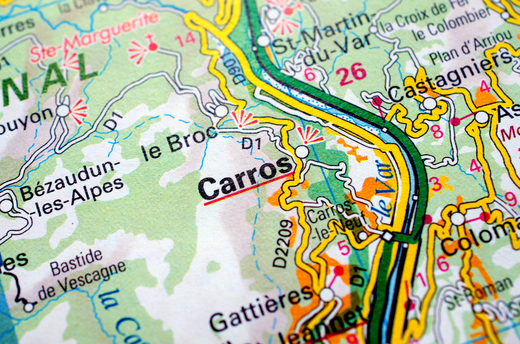 (Carros, France on a road map. Courtesy Getty Images.)