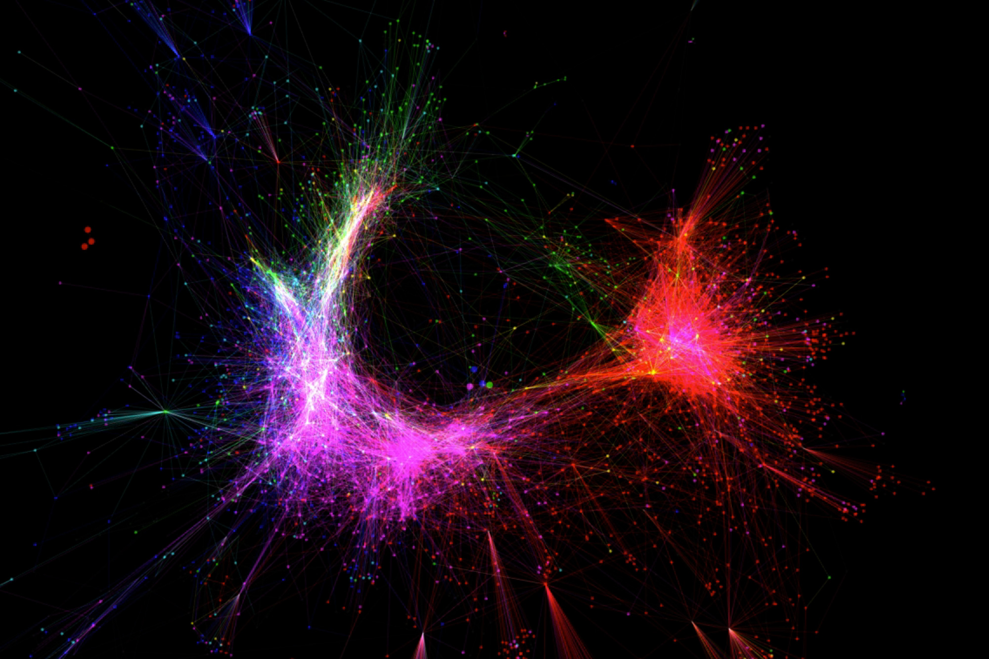 Colorful weblike data visualization depicting social network fragmentation and polarization