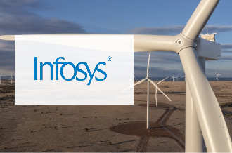 Infosys logo on a background of wind turbines