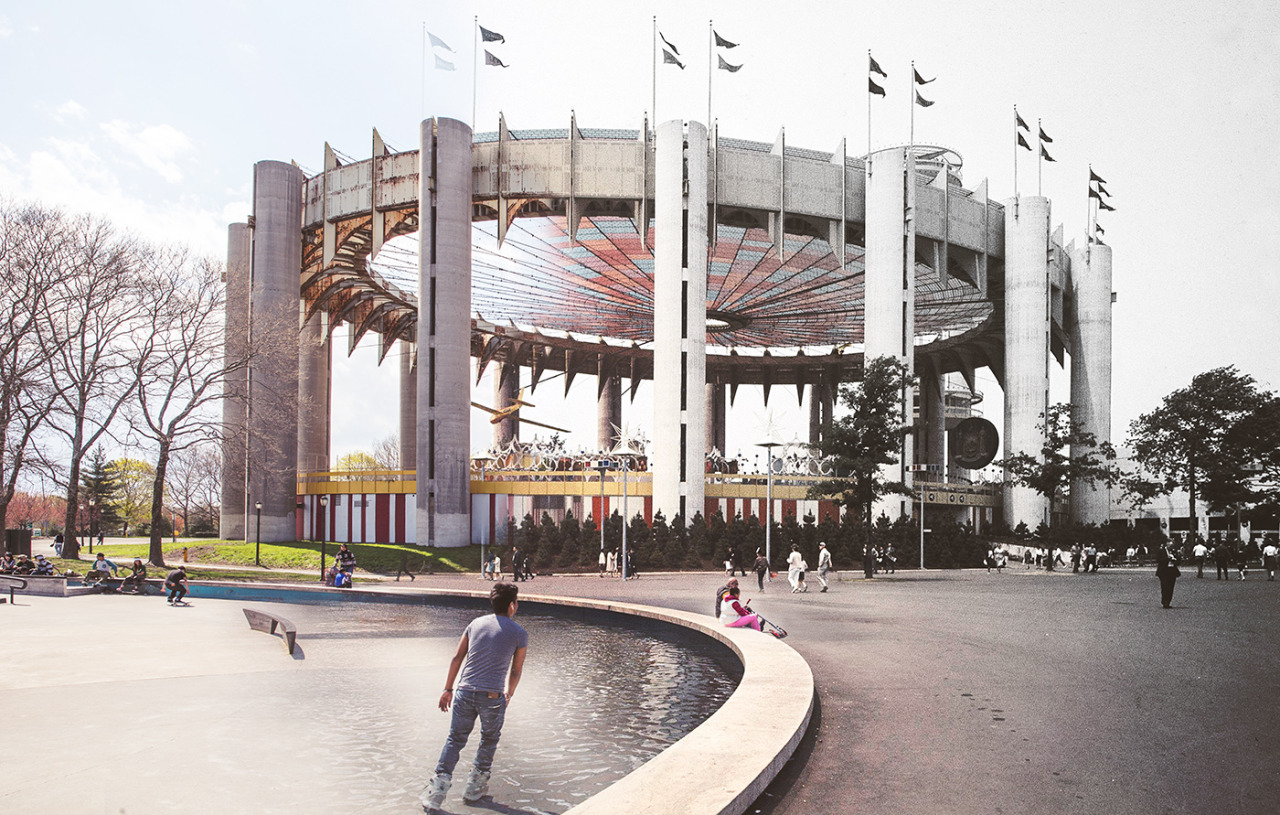The New York State Pavilion still stands today. The pool next to it has been converted into a skatepark.
