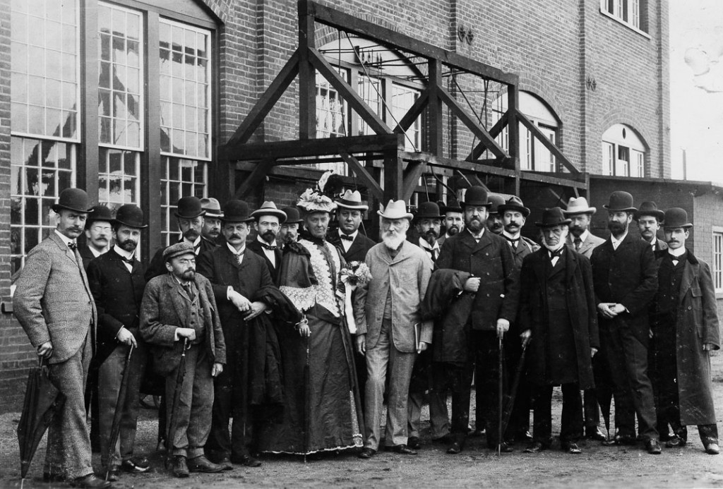 Group picture during visit of Lord Kelvin to the General Electric Schenectady Works. Lord and Lady Kelvin are in the center of the picture. Charles Steinmetz is fourth from the left. Elihu Thomson is in the front row next to Steinmetz. To the right of Thomson is Ediwn W. Rice, Jr.