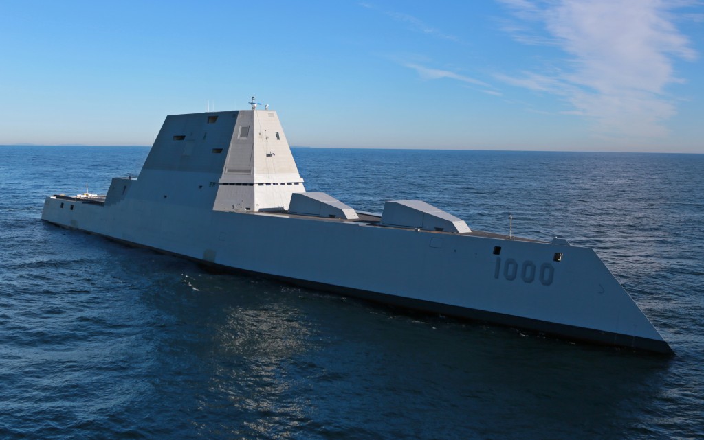 151207-N-ZZ999-435 ATLANTIC OCEAN (Dec. 7, 2015) The future USS Zumwalt (DDG 1000) is underway for the first time conducting at-sea tests and trials in the Atlantic Ocean Dec. 7, 2015. The multimission ship will provide independent forward presence and deterrence, support special operations forces, and operate as an integral part of joint and combined expeditionary forces. (U.S. Navy photo courtesy of General Dynamics Bath Iron Works/Released)