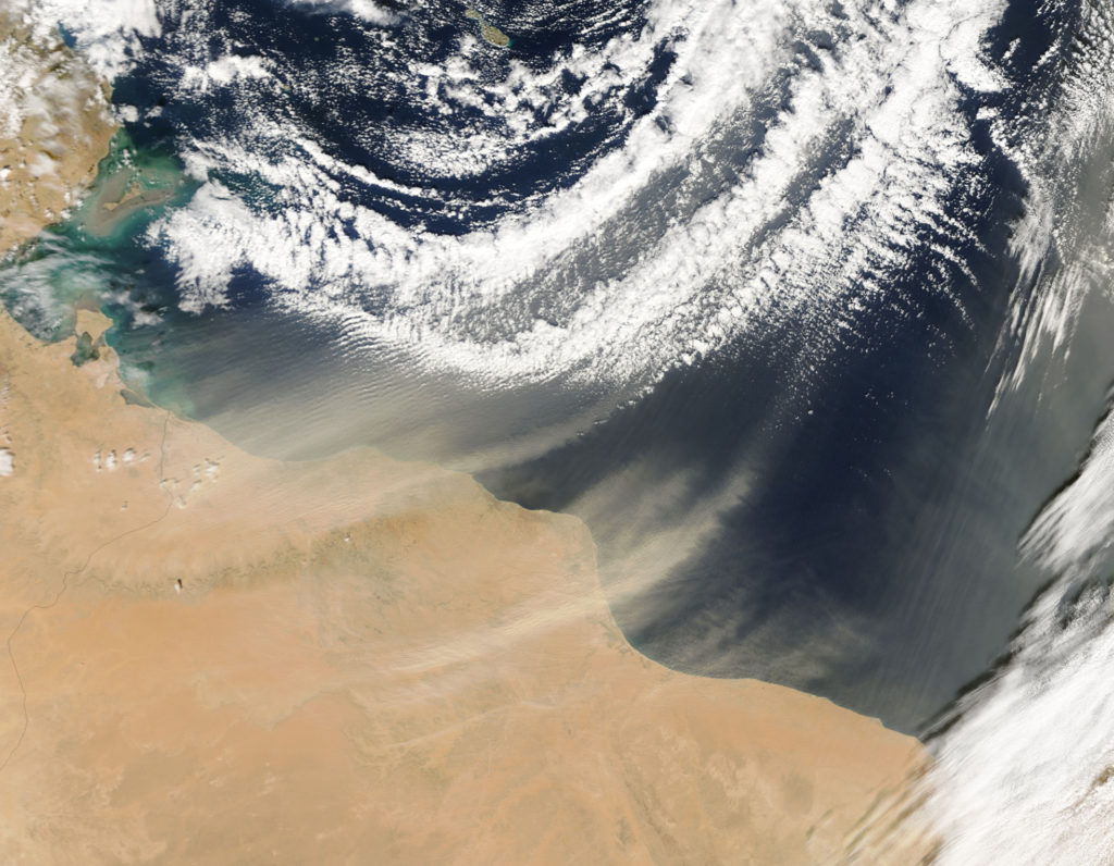 November 14, 2004 - Satellite view of dust plumes off Libya.