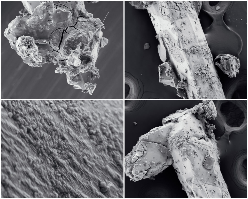 Nanotechnology collage. Process of ternary alloy InGaAs crystal (whisker) growth. Crystallization or solidification process view through the electron microscope with multiple increase in (zoom in)