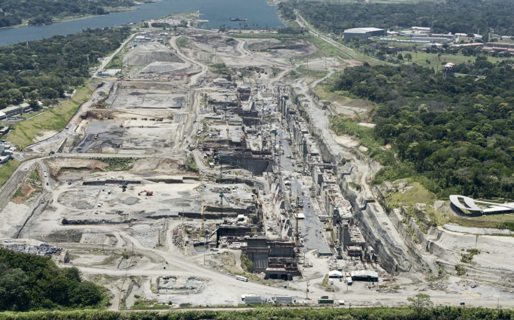 Aerial view of the Third Set of Locks construction site, Panama Canal, Panama