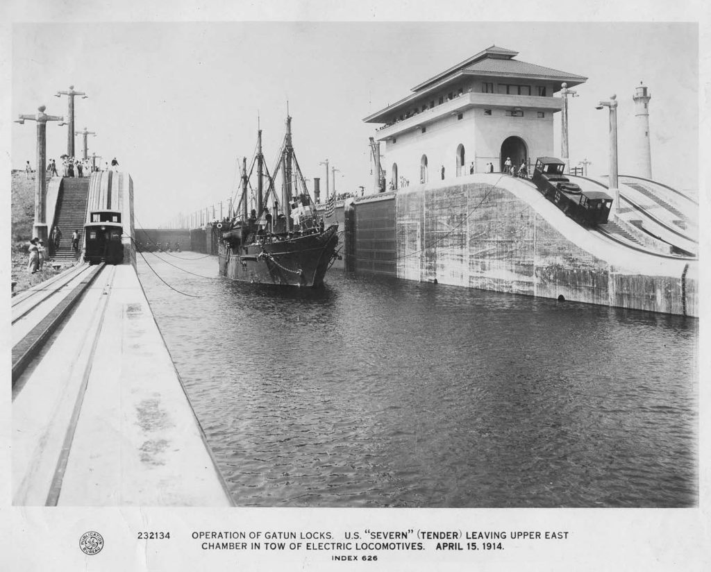 232134 Operation of Gatun Locks with USS Severn, April 1914