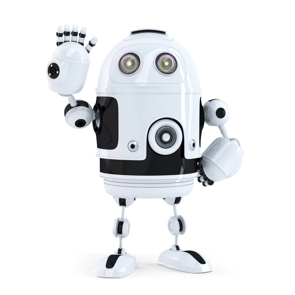 Cute robot waving hello. Isolated on white background