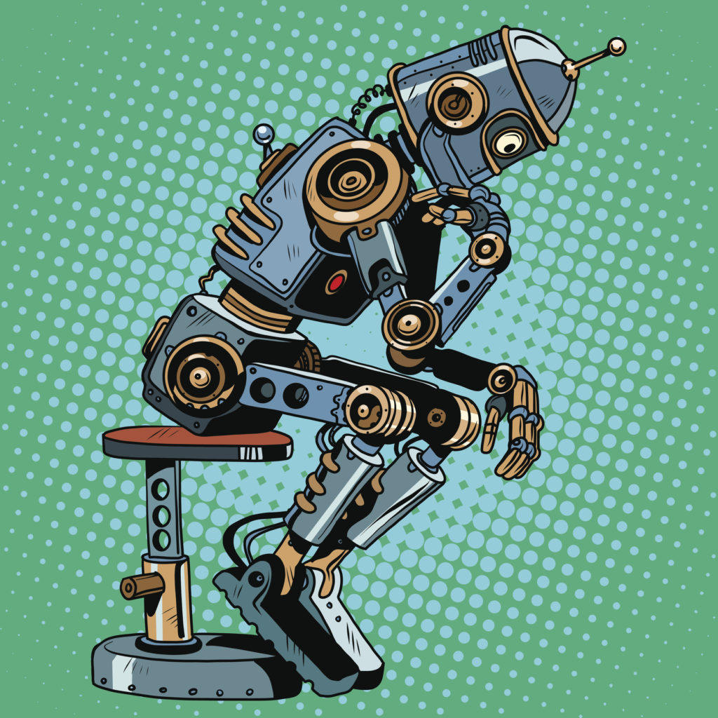 Robot thinker artificial intelligence progress pop art retro style. Antique pose. science fiction and the robot character.
