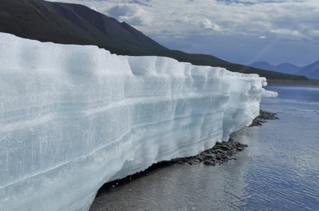 Russia, Yakutia, a ridge of Suntar-khayata, river Suntar, August. The permanent ice fields in the tideway of the Yakut river.