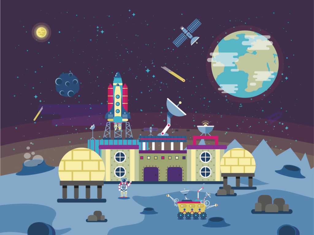 Stock vector illustration of a project to develop the planet surface, a permanent habitable base, Colonization of the moon and near-Earth space in the flat style