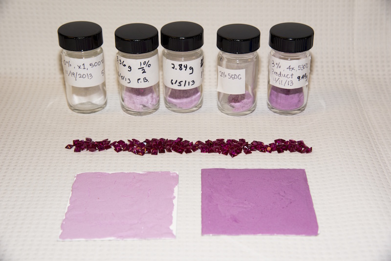 Physicist Paul Berdahl and Research Assistant Sharon Chen worked with samples of ruby powder and synthetic ruby crystals to create a prototype coating at Lawrence Berkeley National Laboratory on Wednesday, September 7, 2016 in Berkeley, Calif. 09/07/16