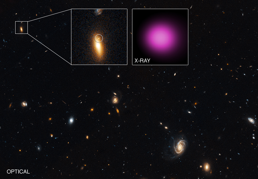 Using Chandra and XMM-Newton, astronomers have discovered an extremely luminous, variable X-ray source located outside the core of its parent galaxy. This black hole likely has a mass of about 100,000 Suns, and may have once been part of a smaller galaxy that merged with a larger one, leaving this black hole on the outskirts of the combined galaxy. Scientists refer to such objects as "wandering" black holes.