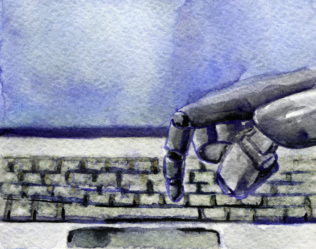 watercolor sketch of robot typing on conceptual keyboard