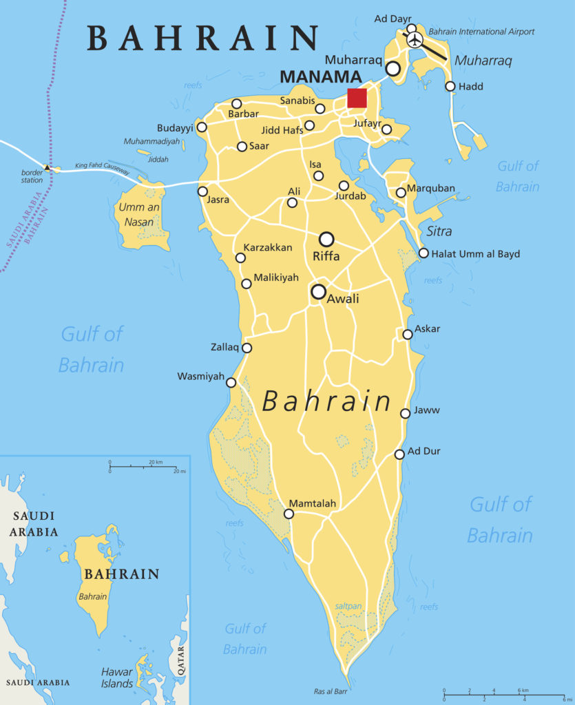 Bahrain political map with capital Manama. Island country, archipelago and kingdom near western shores of Persian Gulf in the Middle East. English labeling. Illustration.