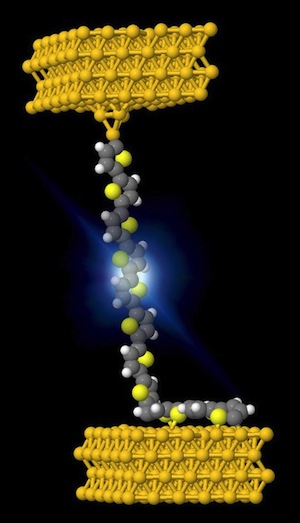  /><br />
<br />
<address>Artist illustration of a single-molecule organic light-emitting diode. Image:&nbsp;<a href=