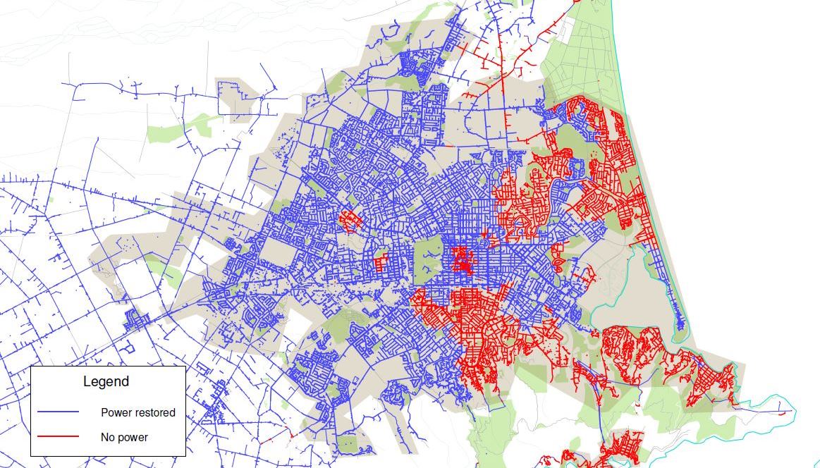  /><br />
<br />
<em>Christchurch earthquake approximate areas without power as at 4 pm Monday 13 June 2011. Image from Orion.</em><br />
<br />
Allowing a single view of the city’s network, in real time, the system enabled the Orion team to prioritise the repair of key locations such as hospitals and communications facilities, and track the team as they restored power across the city.<br />
<br />
Kilduff says Orion is now in the process of building a second data centre, and a new emergency operations centre. If another earthquake were to hit Christchurch, the Orion grid and control centre will be more resilient.<br />
<br />
More emergency trained staff, better systems and a well-established network of contractors are ready to respond at a moment’s notice, but Kilduff hopes he’ll never have to call them into action.<br />
<br />
“With a bit of luck it won’t happen again in my lifetime,” he says.<br />
<br />
<em>Images care of <a href=