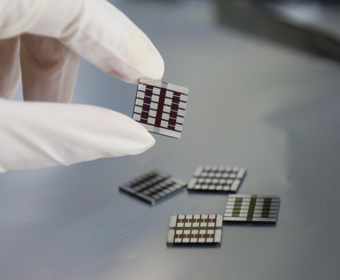 A gloved hand holding up a tiny solar cell