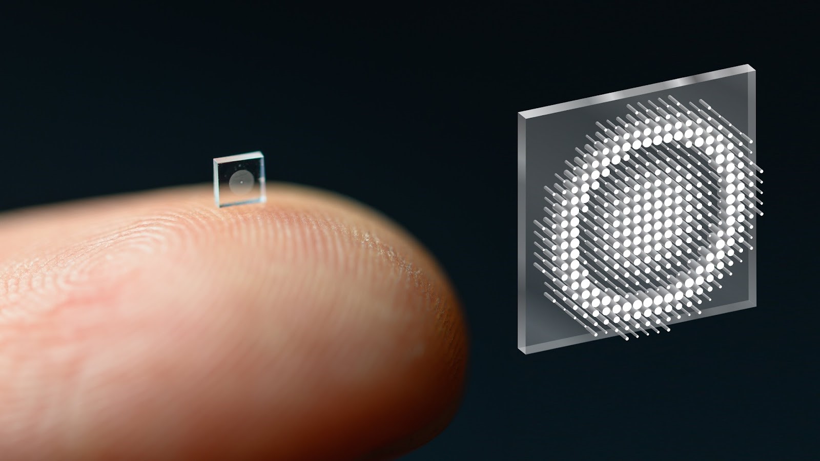 Researchers at Princeton University and the University of Washington have developed an ultracompact camera the size of a coarse grain of salt. The system relies on a technology called a metasurface, which is studded with 1.6 million cylindrical posts and can be produced much like a computer chip. Credit: Princeton University