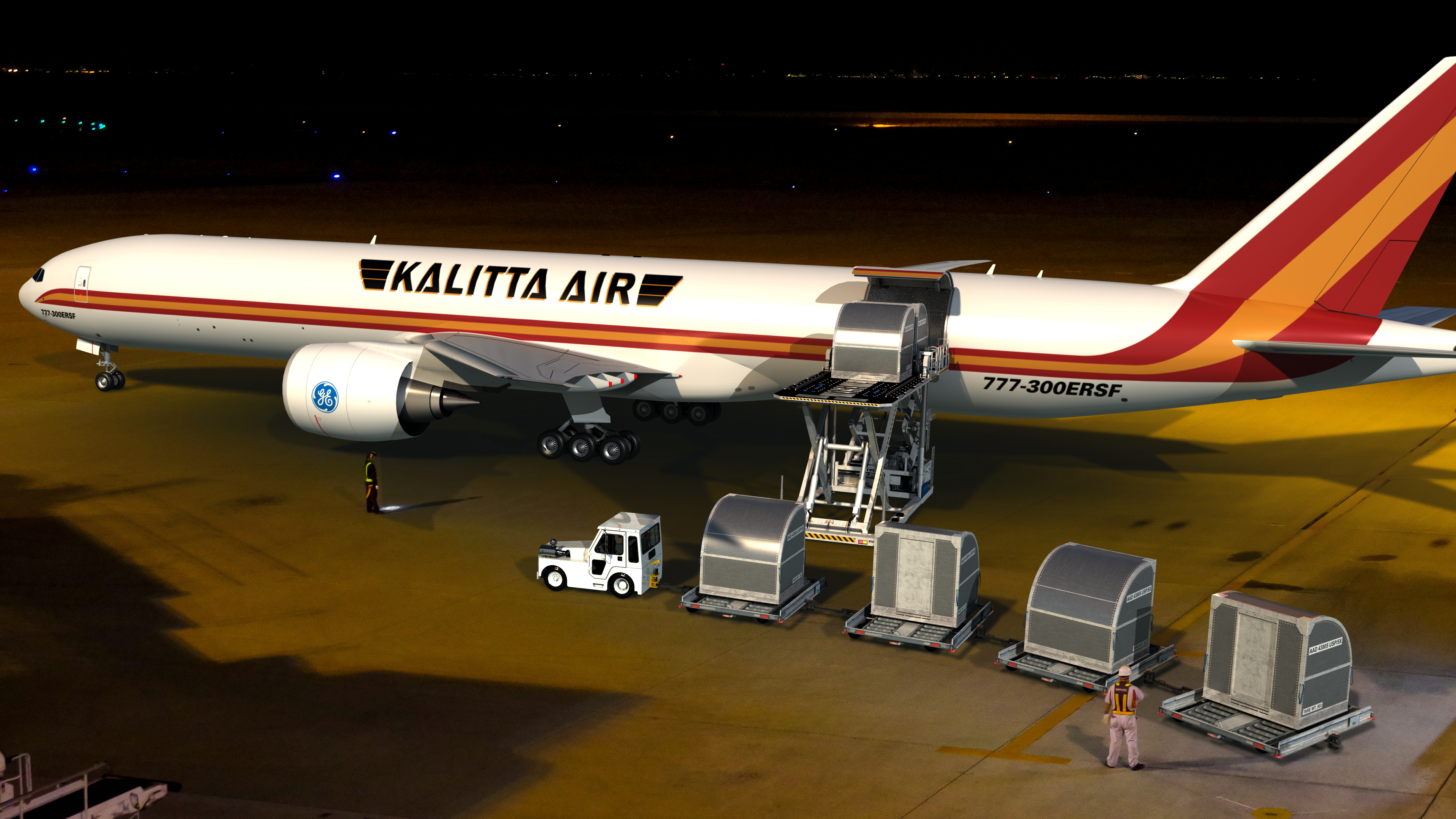 Illustration of a converted 777 being loaded with cargo