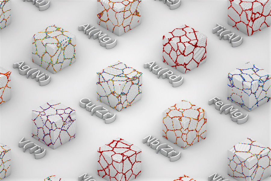 Illustration of atoms collecting along boundaries within metal alloys