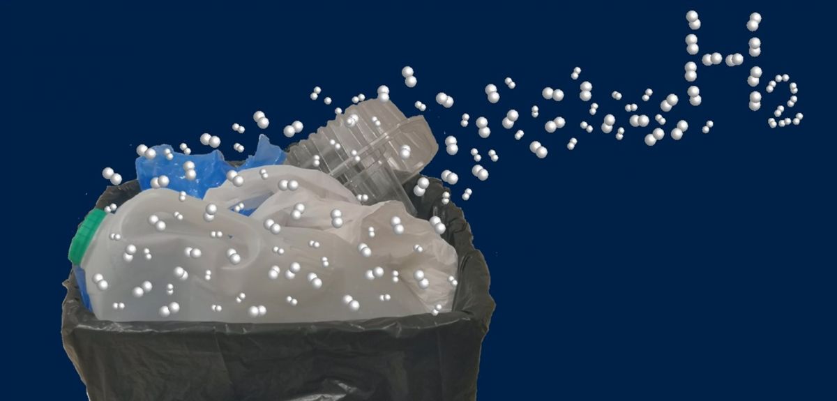 Illustration of plastic garbage being turned to hydrogen