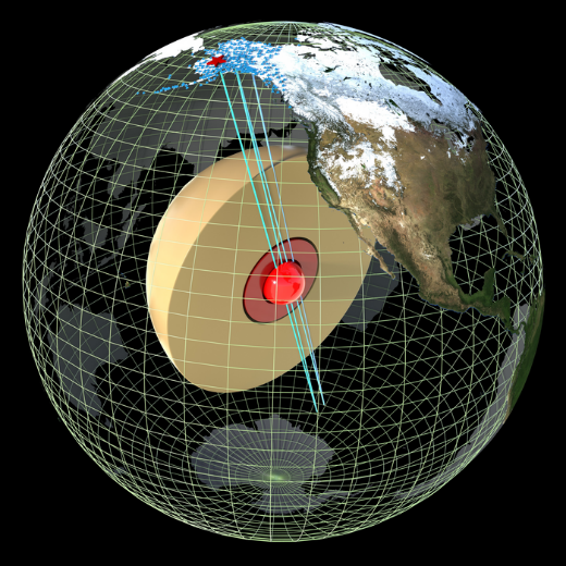 An earthquake in Alaska causing seismic waves to penetrate the Earth's innermost inner core. Credit: Drew Whitehouse, Son Phạm, and Hrvoje TkalÄic