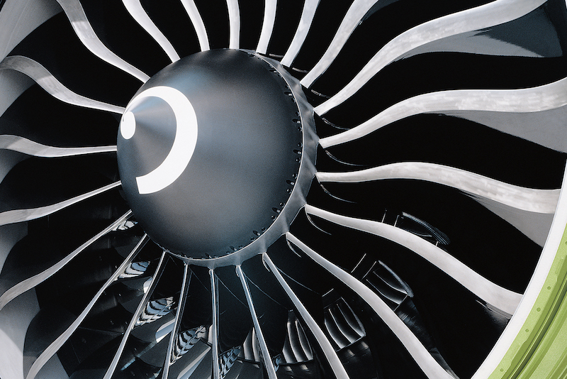 A close-up view of the GE90, with its 22 four-foot-long swept fan blades. Each carbon-fiber composite blade weighs a mere 50 pounds. 