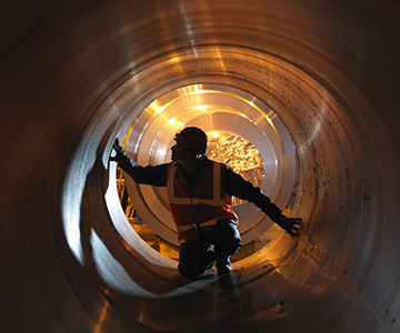 Orange Jacket Worker in a Large Pipe